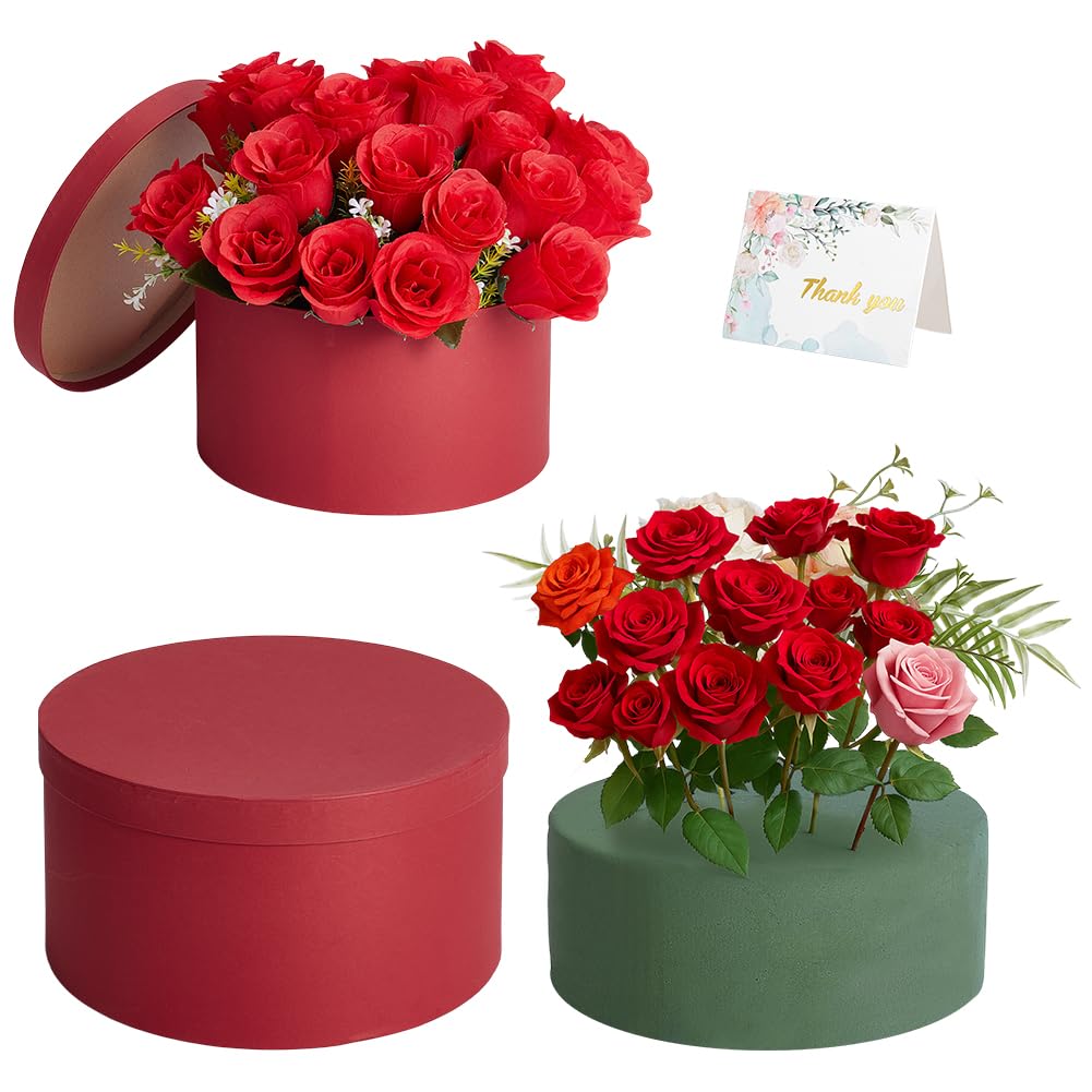 BENECREAT Red Round Gift Box with Lid & Floral Foam Set, 23.4x12.5cm/9.2x4.9 Inch Gift Boxes for Flowers for Mother's Day, Valentine's Day, Anniversary, Wedding