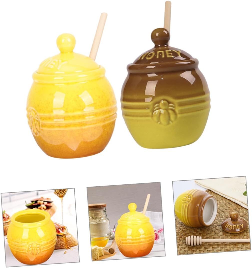 Unomor 2 Set Ceramic Honey Jar with Lid and Wooden Dipper Stick Honey Storage Container for Kitchen and Table Decoration Food-safe for Syrup and Sweetener Preservation