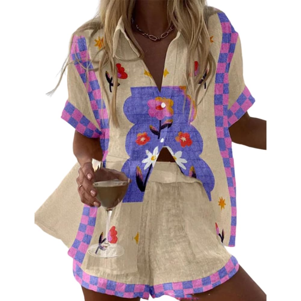 Womens Vacation Beach Two Piece Outfits Casual Floral Button Down Shirt Tops and Drawstring Shorts Summer Suit Sets