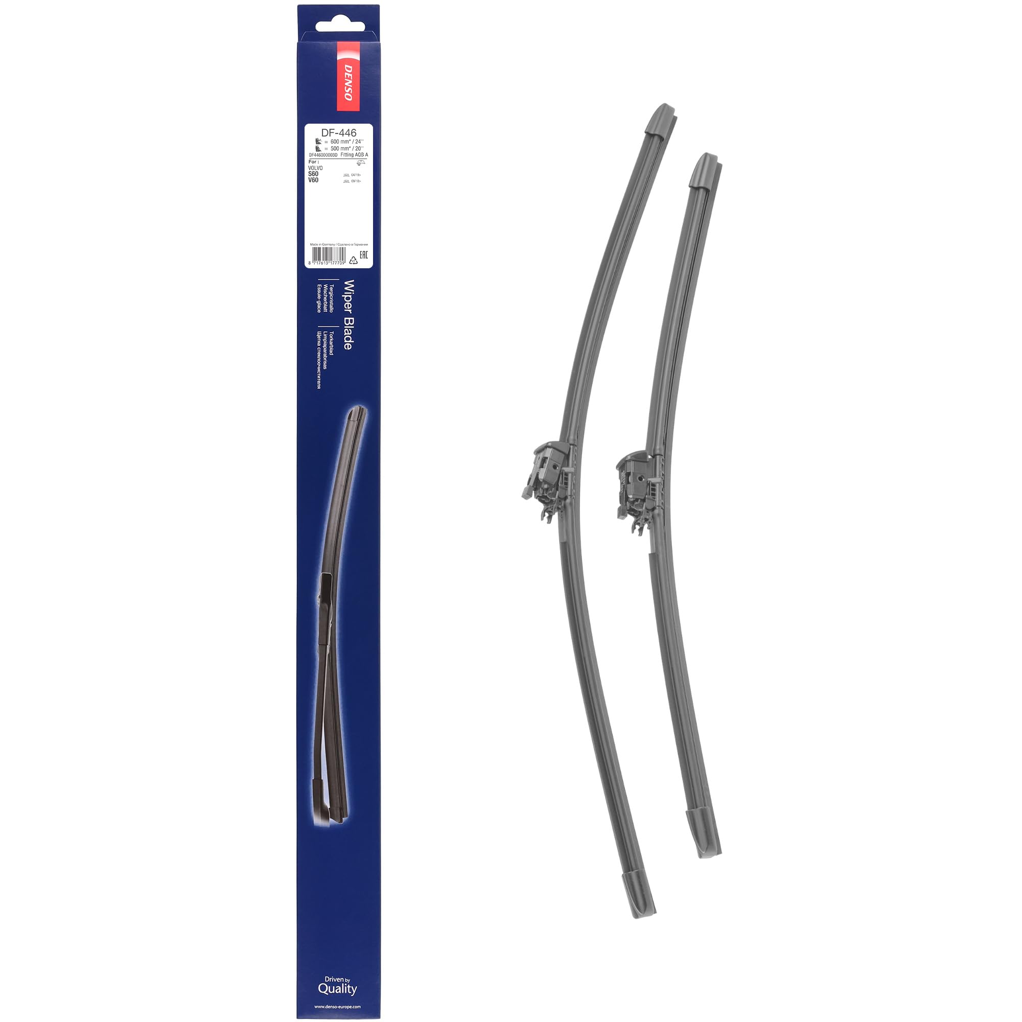 Kit de Escobillas Limpiaparabrisas Planas DENSO (DF-446), 2 Unidades 600/500mm – Vehículos con volante a izquierda – Silenciosas y Duraderas con Diseño Aerodinámico – Escobillas Limpiaparabrisas OEM