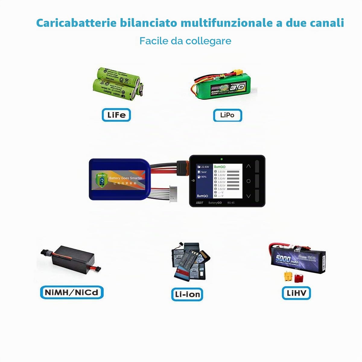 ISDT BG-8S - Tester di capacità della batteria, schermo LCD, tester di tensione per batterie LiPo/Life/Li-ion/NiMH/Nicd