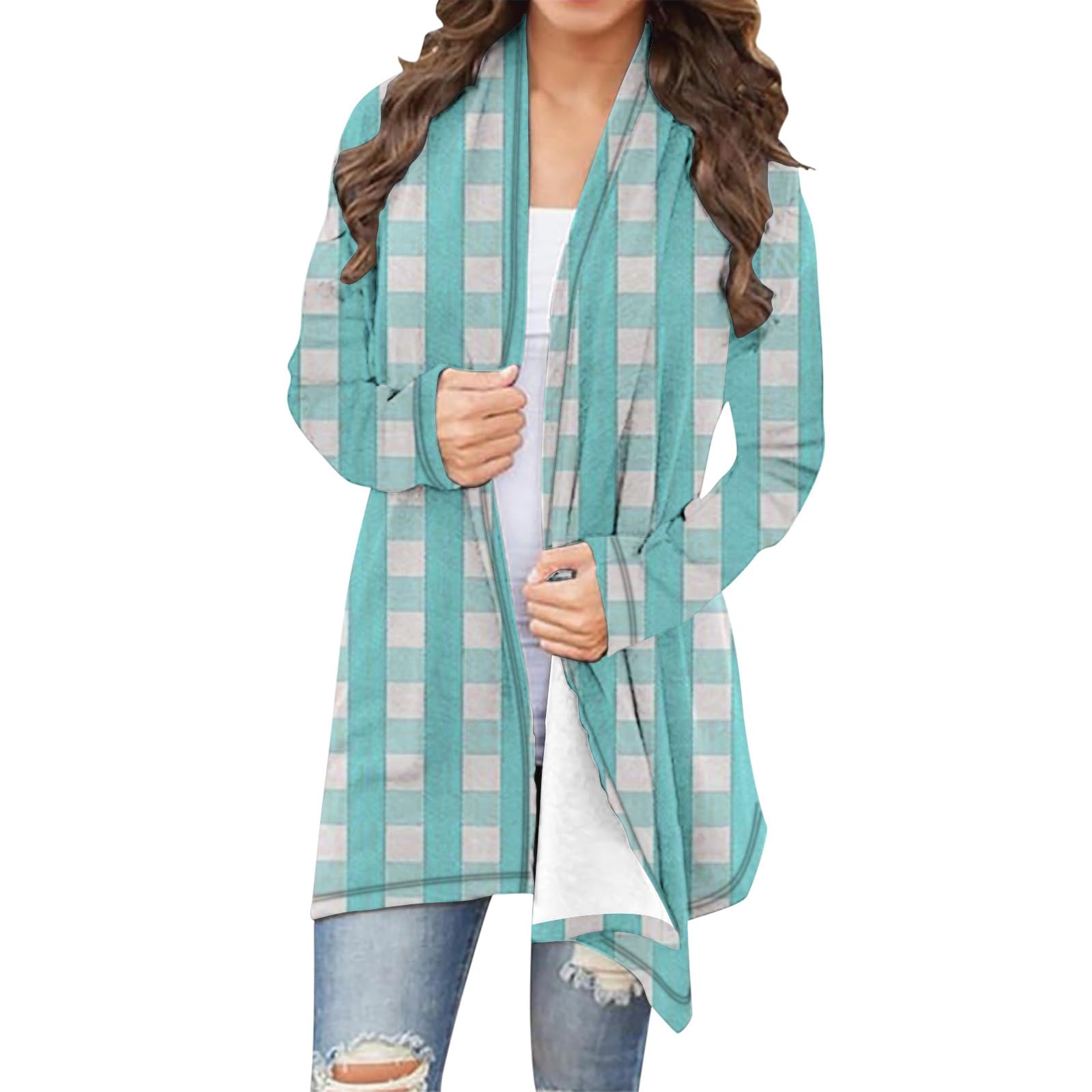 Plaid Cardigan for Women Tunic Tops Fall Fashion Plus Size Open Front Long Sleeve Casual Block Color Shirts