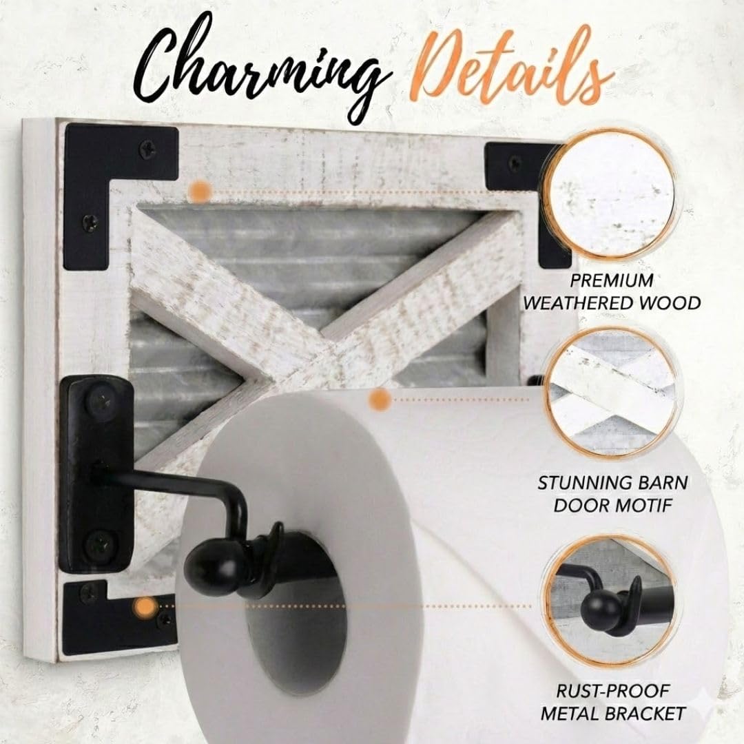 Autumn Alley Farmhouse White Toilet Paper Holder Wall Mount with Bracket - Farmhouse Bathroom Country Decor - Rustic Bathroom Accessories Featuring White Wash Wood, Galvanized Metal, Black Metal image 3