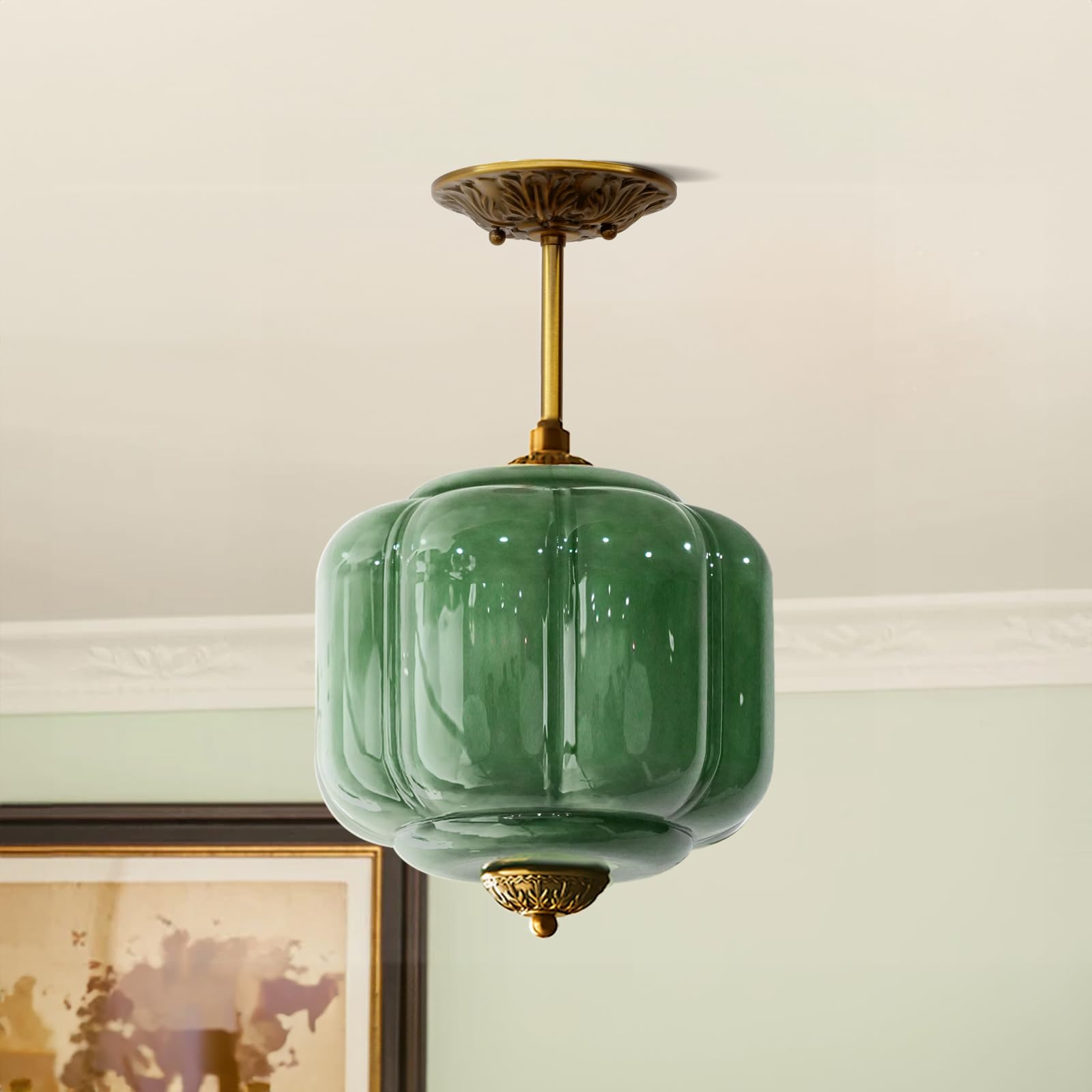 Milk Glass Ceiling Light Fixture - Farmhouse Antique Brass Semi Flush Mount Ceiling Light for Kitchen, Hallway, and Bedroom (Green 15 inch) — view 13