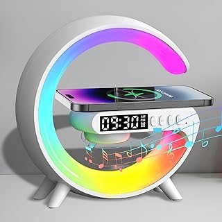 DOMIRA 6 Inch 1 Smart G-shape Wireless Speeker Alarm Clock Fast Wireless Charging Lamp – Rgb Light, Phone Control, Sound Machine – Smart Clock For Bedroom Accessories & Gifts – (White)