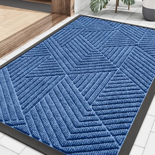 Image of Smiry Front Door Mat Outside Entrance, Heavy Duty Sturdy Natural Rubber Doormat, Trap Dirt and Moisture, Easy Clean Low Profile Mats for Indoor Outdoor Entry, Irregular Triangle (29.5x17, Blue)