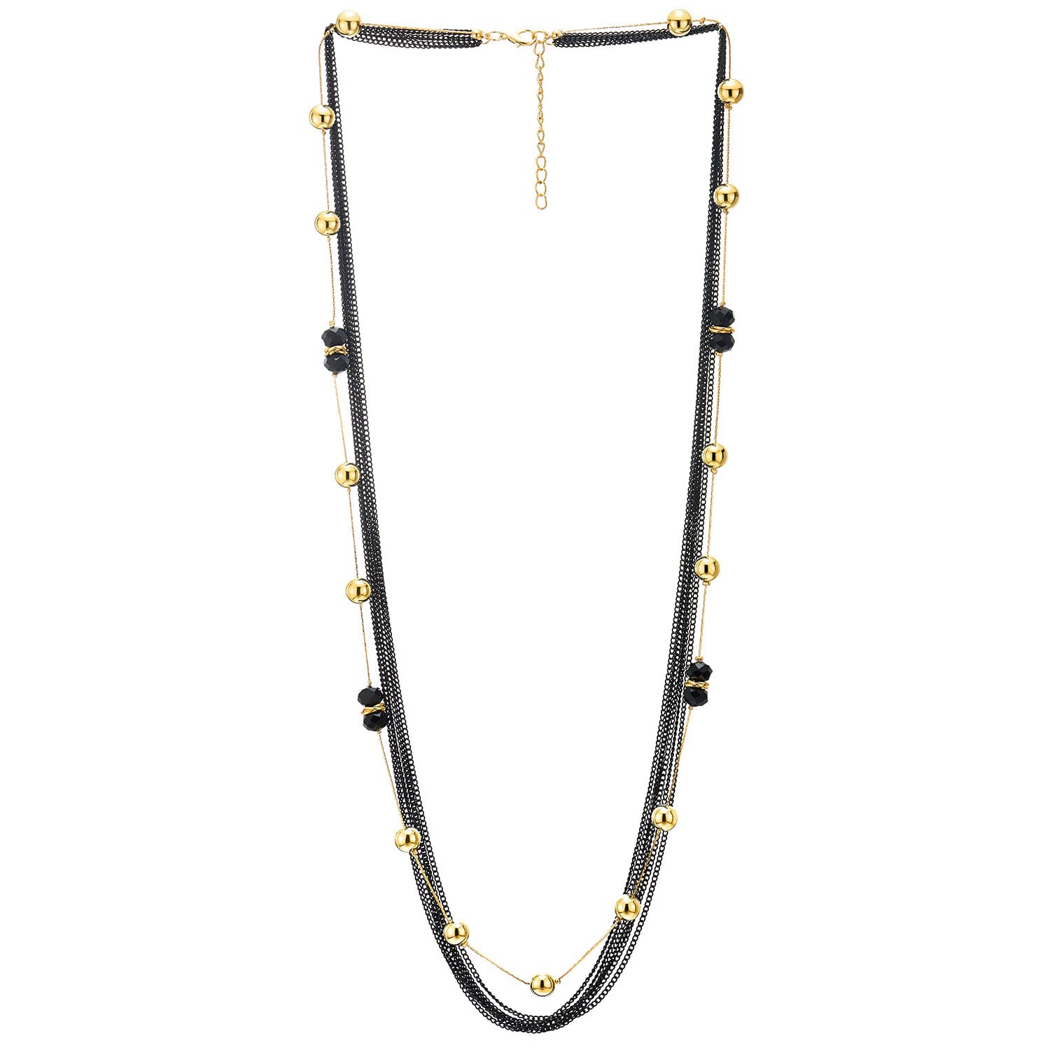 COOLSTEELANDBEYOND Collar Largo Dorado Negro, Cadenas de Múltiples Hilos Capas con Piedra Preciosa Facetada Negra y Bolas de Color Dorado