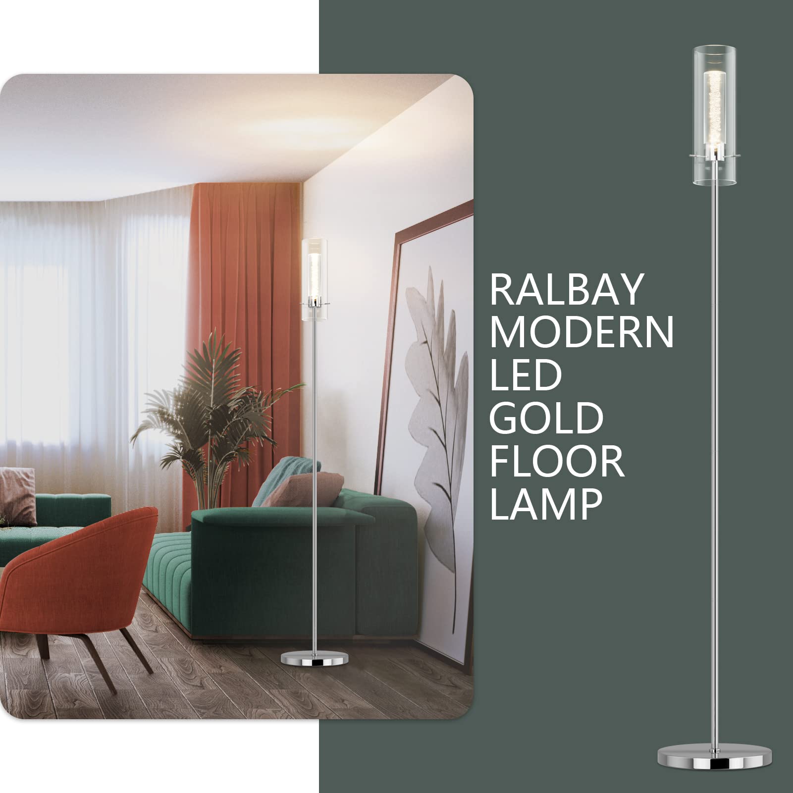 Ralbay Chrome Floor Lamp, Glass LED Floor Lamp Chrome Tall Floor Lamp,Modern Torchiere LED Floor Lamp,Chrome Glass Floor Lamp for Living Room, Silver Slender Glass Standing Lamp for Bedroom