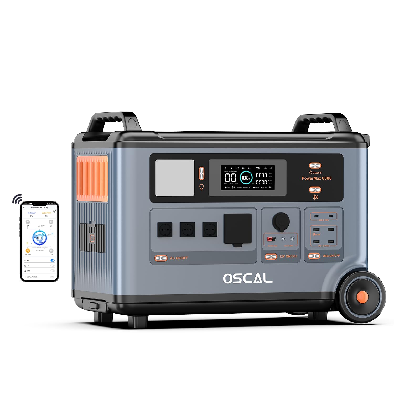 OSCAL PowerMax 6000 Station électrique portable 3600 Wh, extensible jusqu'à 57,6 kWh, prises CA 120 V/240 V, 6000 W (crête 7200 W), générateur solaire pour usage domestique
