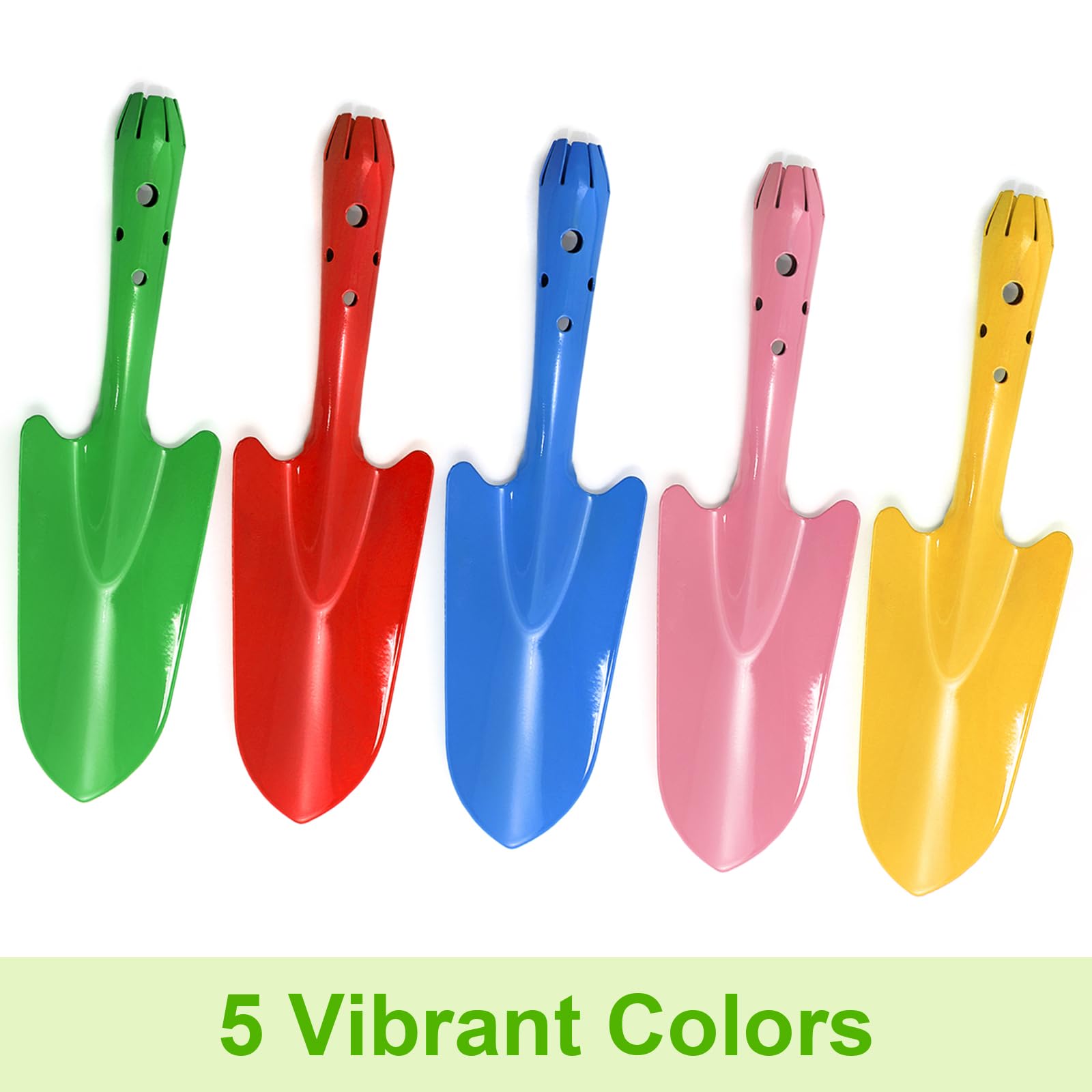 Nicunom Paquete de 10 palas de mano de metal coloridas, juego de paletas de jardín, pequeñas herramientas de mano de jardinería para plantar suelo, excavar y trasplantar, 5 colores
