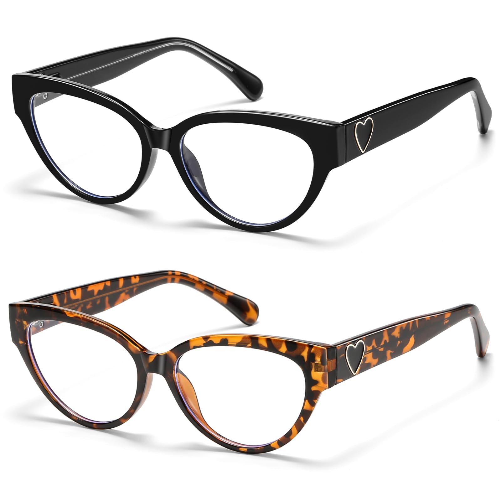 Kafirlo 2 Pack Reading Glasses for Women, Black Lacquer Heart Blue Light Blocking Computer Readers with Spring Hinge