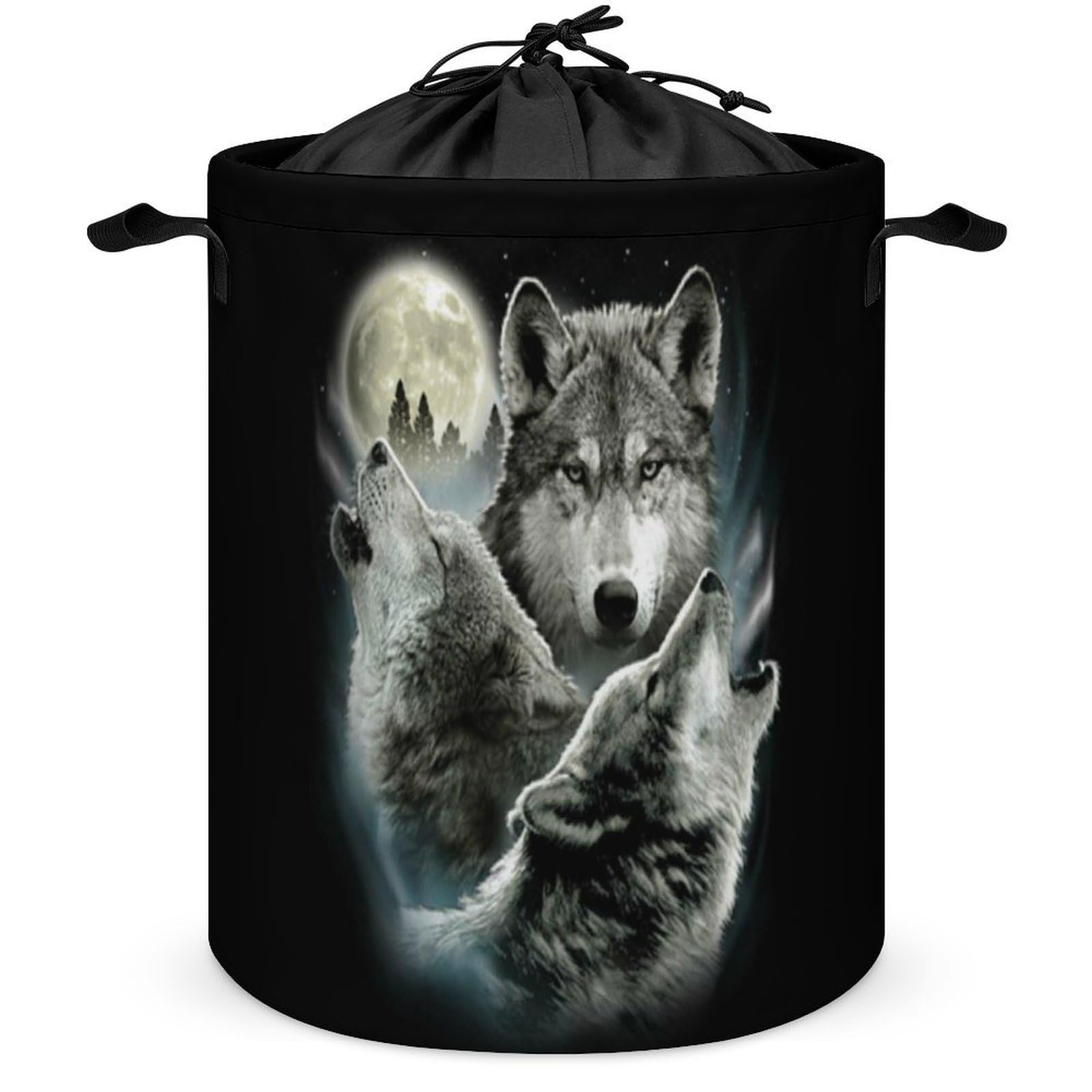 Wlntrophic Drawstring Laundry Hamper, Three Wolf And Moon Laundry Basket, Washing Basket with Handle
