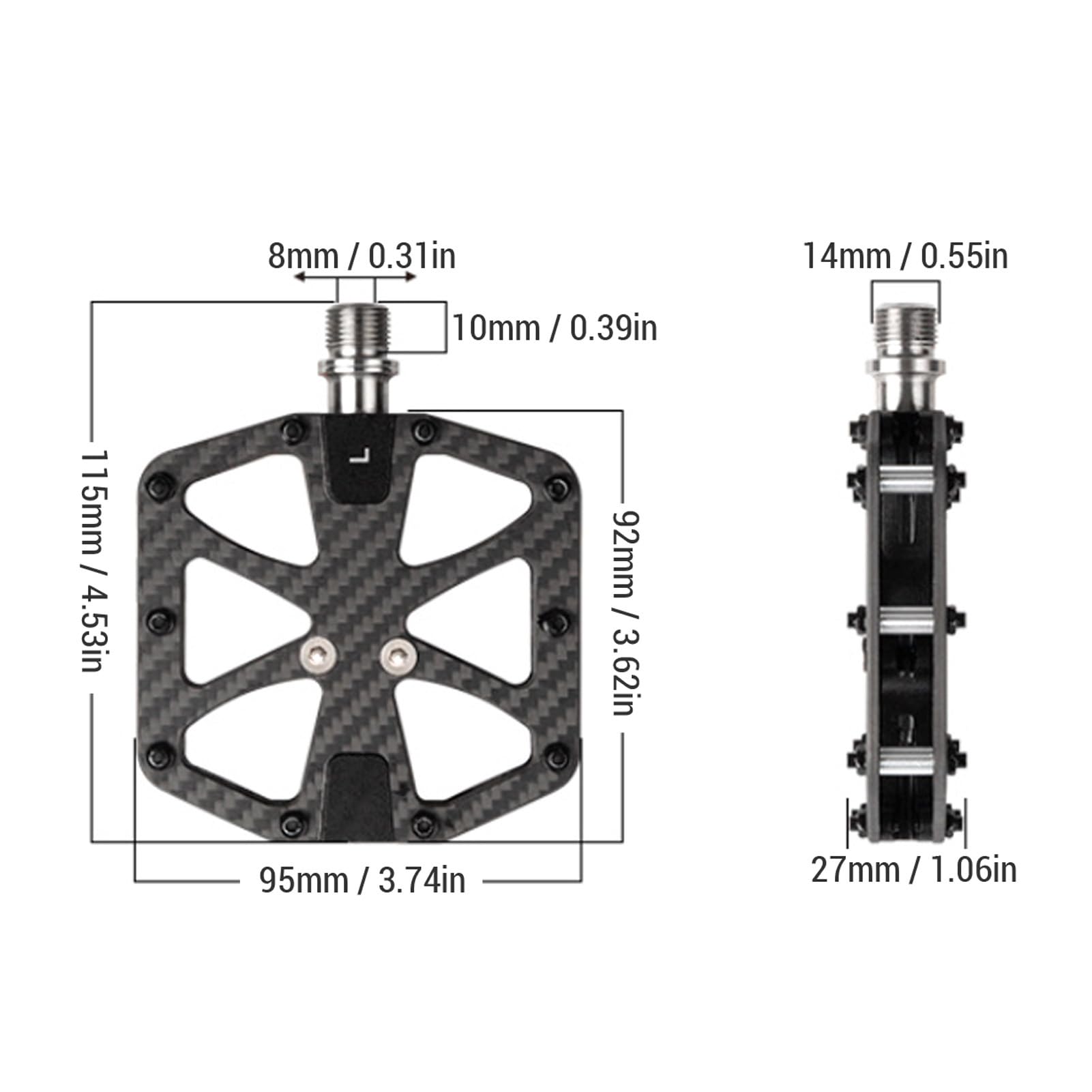 Yosoo Health Gear Pedały Rowerowe Pedały do ​​Rowerów Górskich z Włókna Węglowego 115 X 95 Mm z osią ze Stopu Ti 20 Kołków Antypoślizgowych Łożyska Igiełkowe dla Rowerów Składanych Dojeżdżających do