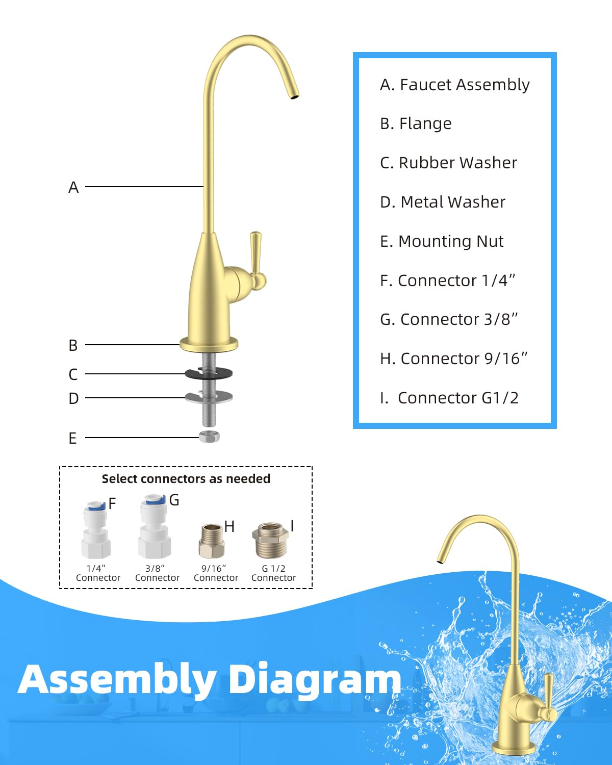 Hibbent - Grifo de agua potable para fregadero de cocina de bar, sin plomo, grifo de filtro de agua de acero inoxidable, grifo de ósmosis inversa para sistema de filtración de agua debajo del