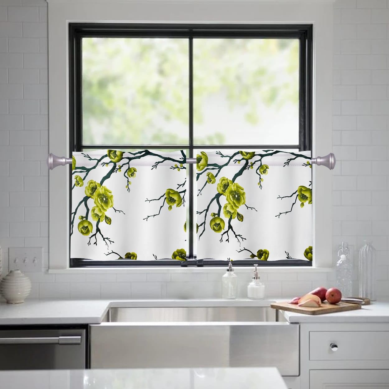 HIMS Green Flower Washroom/Kitchen Window Curtains,Rod Pocket Short Small Window Curtains 3 feet for Kitchen (Width 26 Inch X Length 36 Inch) - Pack of 2 Piece