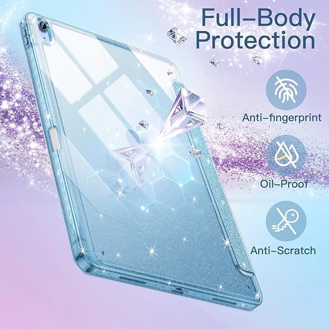 Image of ProElite Case for iPad Air 11 Inch M4 /M3 /M2, iPad Air 10.9 inch 5th /4th Gen case Cover, Transparent Smart Flip Cover with Pencil Holder, Glittering Light Blue