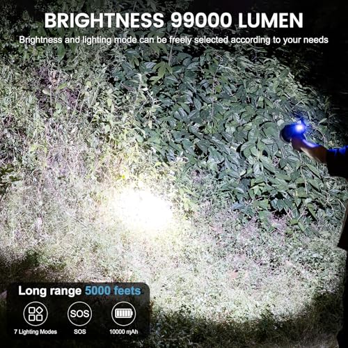 Rechargeable Spotlight Flashlight 99000 Lumens, Spot Lights Outdoor with Cob Light & Foldable Stand, 10000ɱAh Spot Light Long Runtime, Handheld Spotlights for Boating Hunting