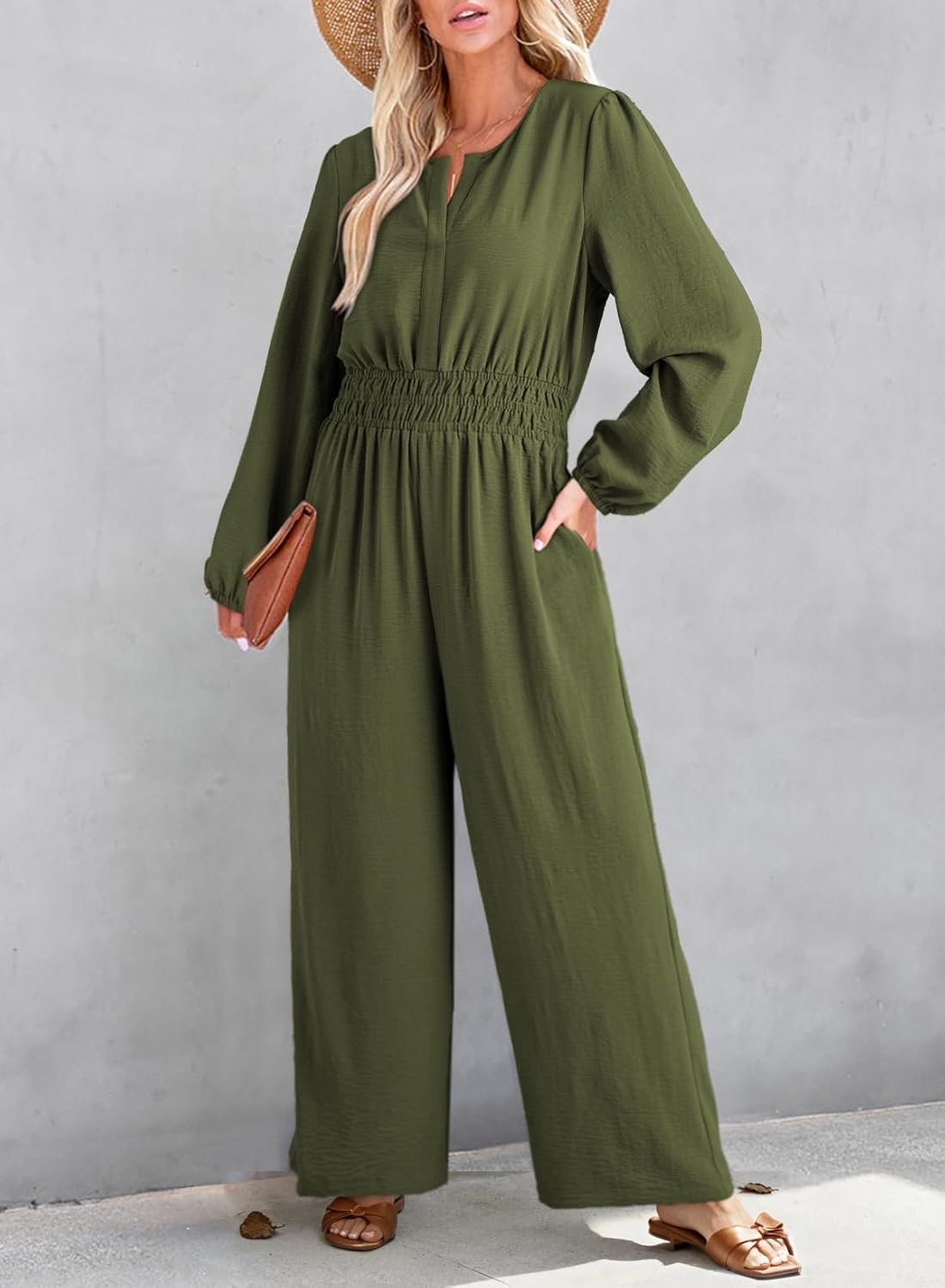 Dokotoo Women's Casual Jumpsuits Loose Long Sleeves Overalls One Piece Button Wide Leg Pant Rompers With Pockets - Image 4