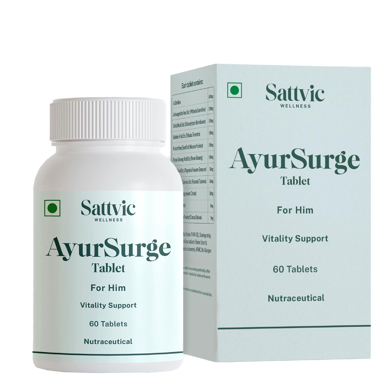 AyurSurge by Sattvic Wellness | Testosterone Support | Male Vitality Supplement | 11 Key Ingredients in Each 1.28g Tablet - L-Citrulline, Ashwagandha, Safed Musli, Gokshura, Panax Ginseng, Krounchbeej, Methi, Vidarikhand, Magnesium, Zinc and Saffron | Boosts Stamina, Energy & Confidence | 60 Tablets