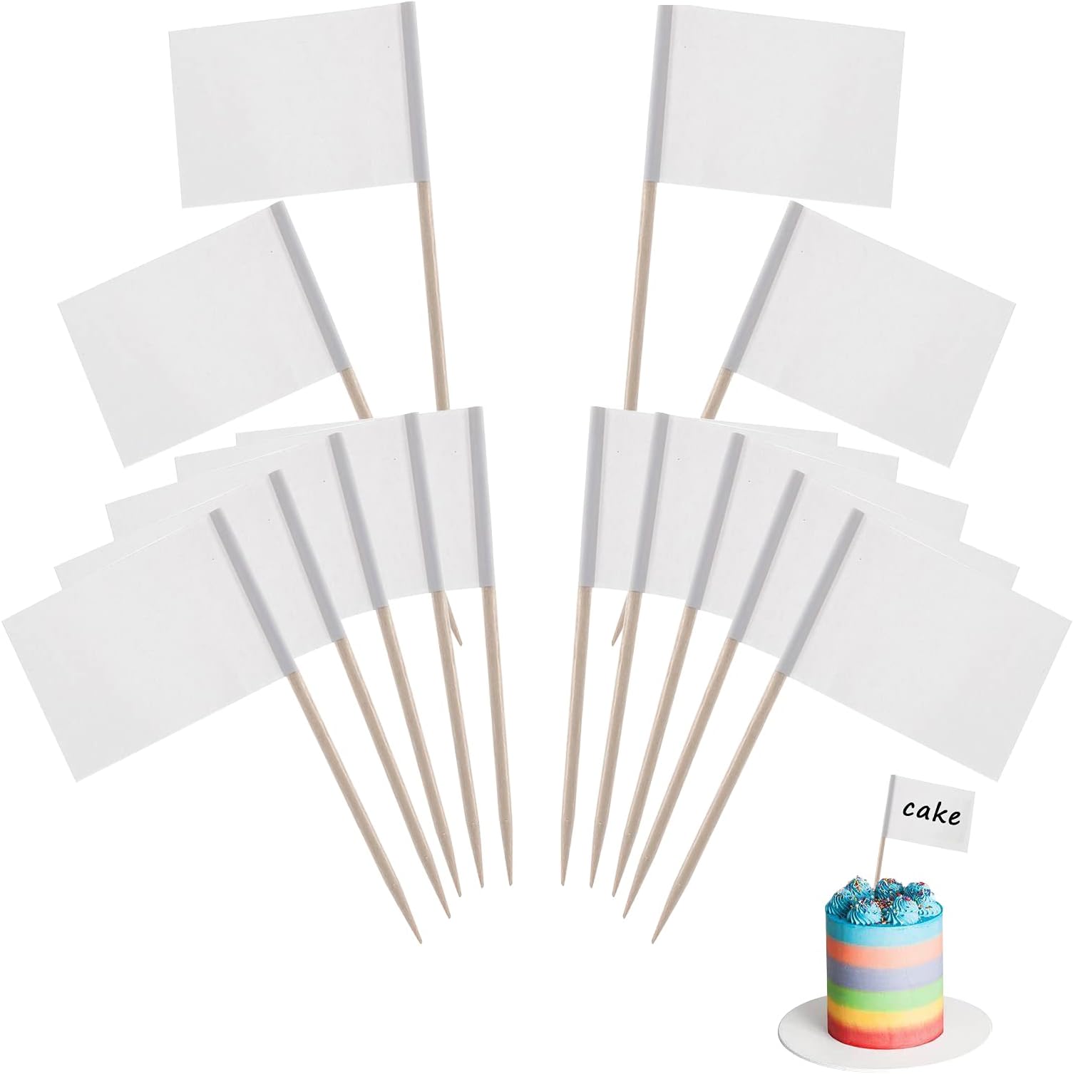 VEGCOO 200 PCS Blank Toothpick Flags, Mini Food Labels Flags with Wooden Sticks for Party Food, Cupcake Toppers, Cheese Labels, Cocktail Sticks, Fruit Salad, Sporting Events Pub BBQ (White)
