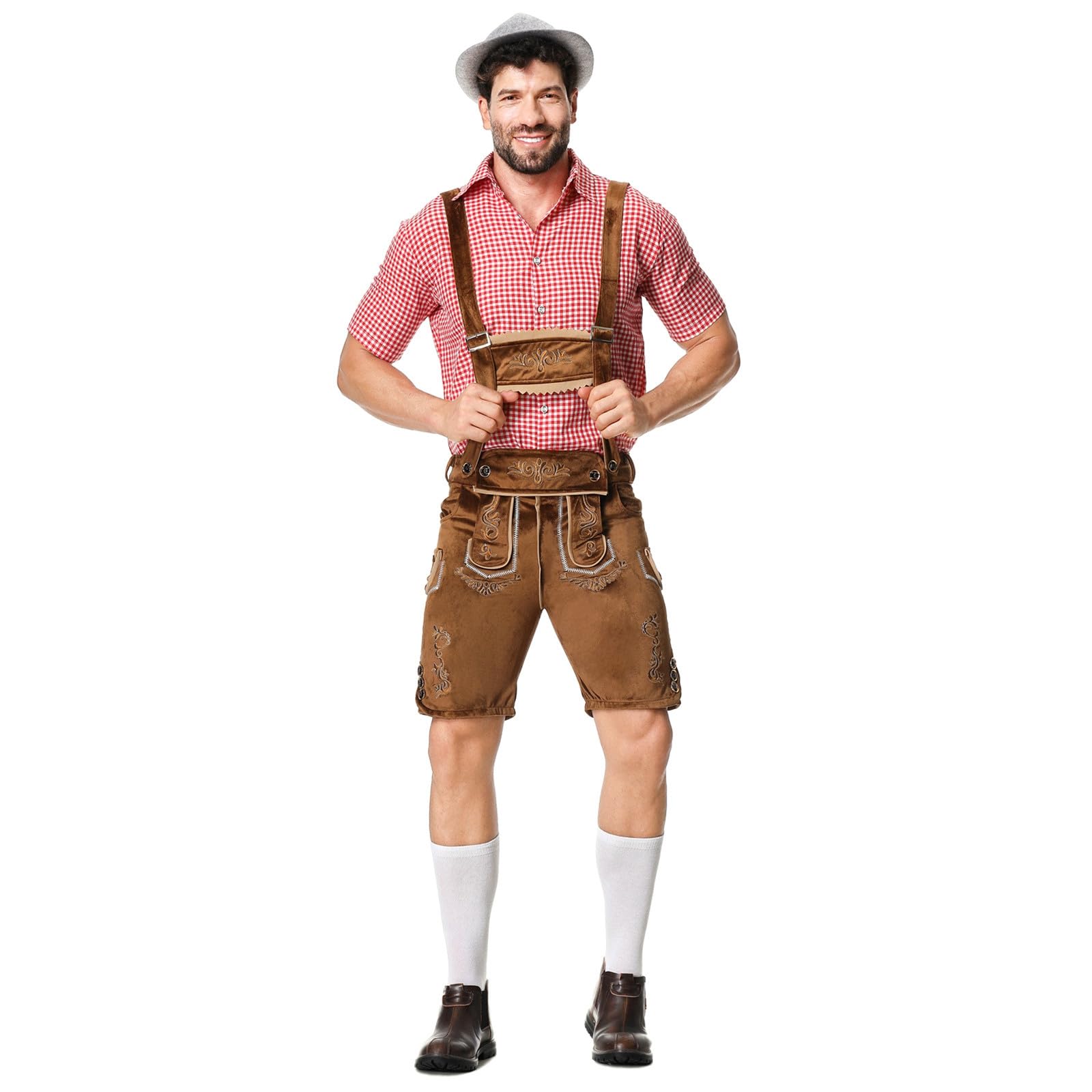 Oktoberfest Herren Outfit Herren Deutsch Bayern Oktoberfest Kostüm Set mit Abnehmbarem Lätzchenträger Kariertes Trachtenhemd, Lederhose mit Trägern und Bayerischen Filzhüte Trachten Set