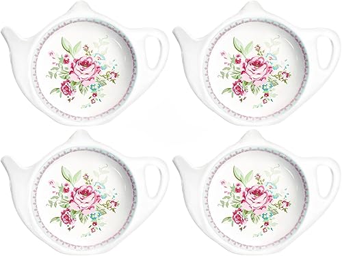 Sizikato 4 piezas de porcelana para bolsitas de té, posavasos con forma de tetera, platillo en forma de tetera, reposa cuchara, plato de condimento