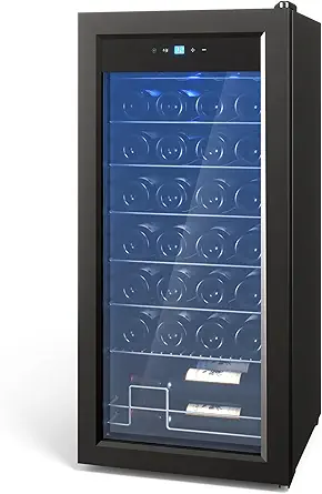 GarveeHome Wine Fridge, Compressor Wine Cooler Refrigerator, Beverage and Wine Refrigerator with Digital Touch Control, Double-Layer Glass Door, Freestanding or Built-In, 32 Bottles