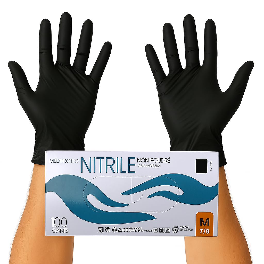 Gants Jetables en Nitrile Noirs – Sans Poudre, Sans Latex – Taille S à XL – 100 Gants – Pour Cuisine, Nettoyage, Aliments, Médical, Jardinage, Examen, Tatouage (1000, Medium)