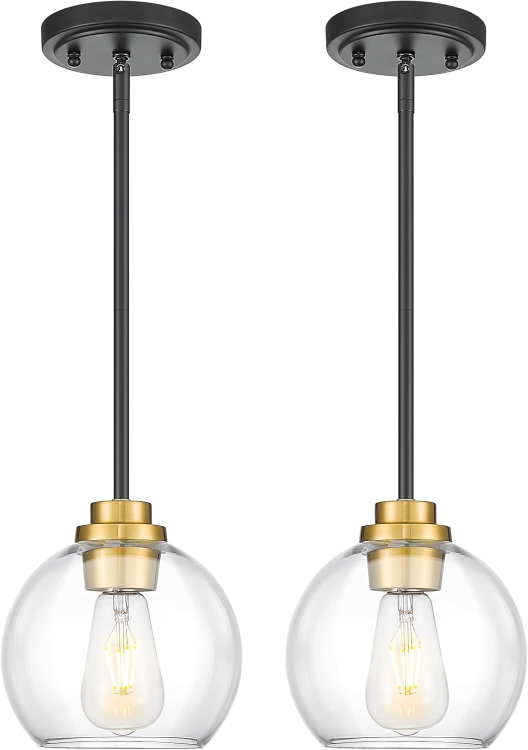 Pendant Lights Kitchen Island 2 Pack, 7" Black and Gold Hanging Lights Fixtures with Clear Glass Globe Shade, Modern Kitchen Island Lighting for Bathroom, AD-22280-1P2-KG