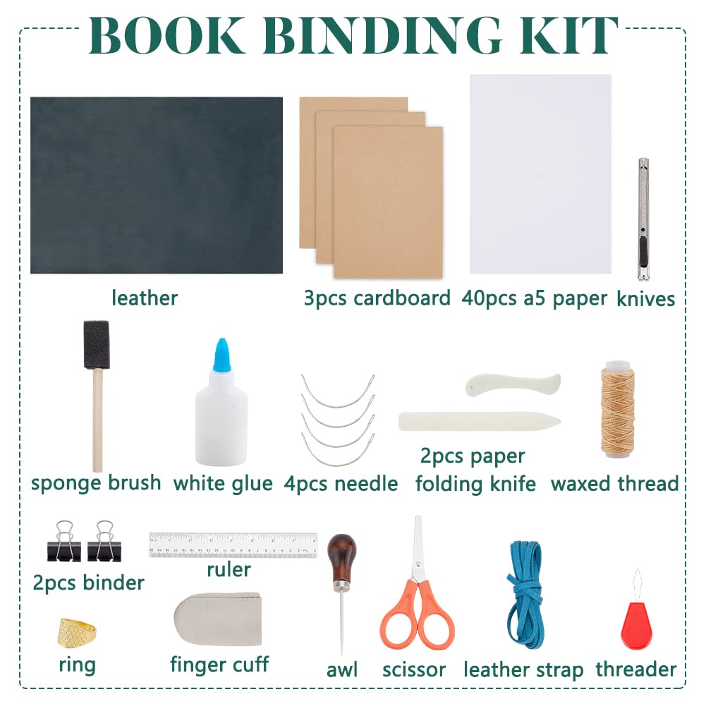 WEBEEDY Kit di rilegatura in pelle verde, kit completo di strumenti di rilegatura con carta di rilegatura, filo cerato, aghi da cucire e istruzioni per principianti, 10 x 15 cm (A6)