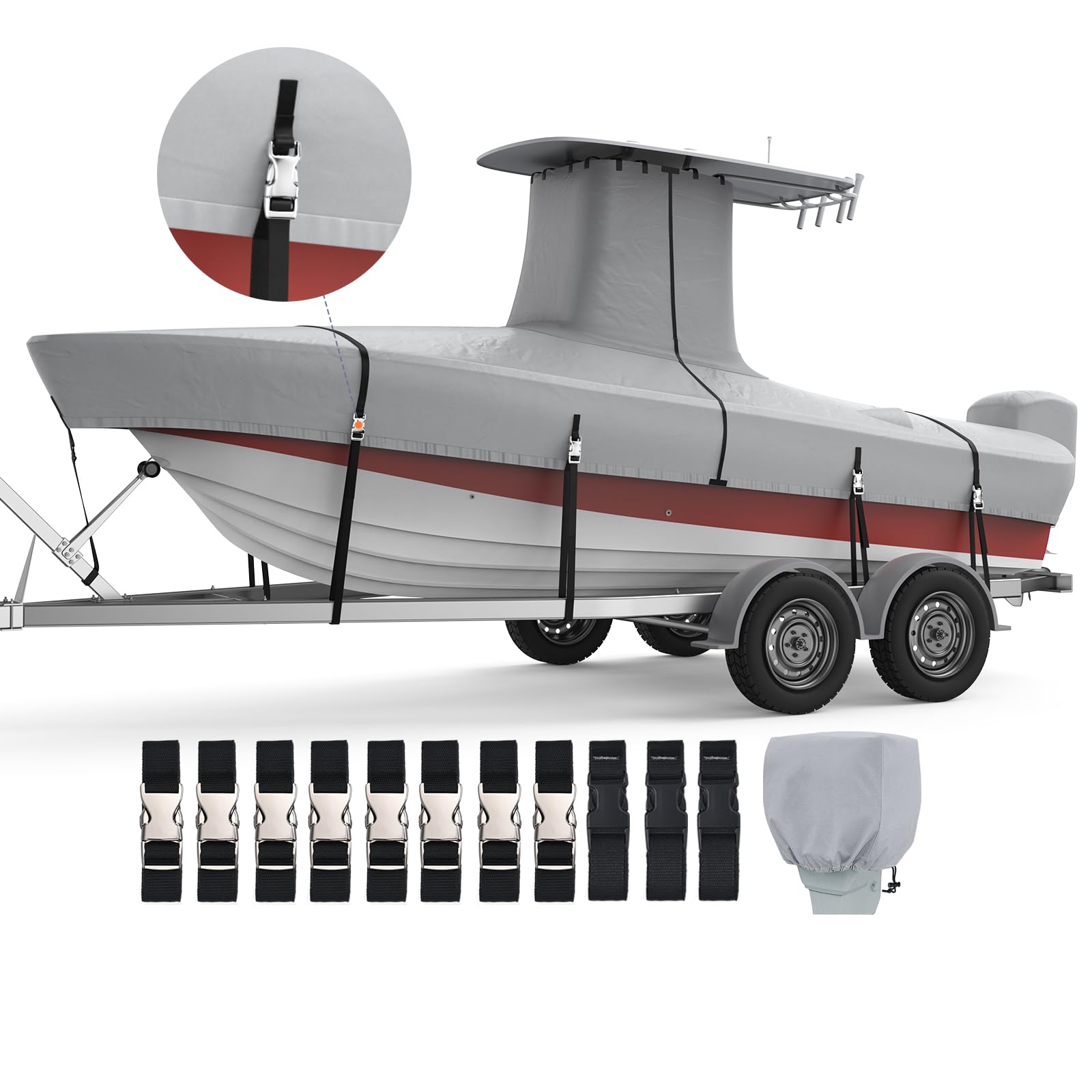 RVMasking 1200D Reinforced T-Top Boat Cover with Motor Cover, Heavy Duty Waterproof Tear-Resistant Boat Cover for Center Console Boat with T TOP Roof, 20'-22' Long Beam Width up to 106