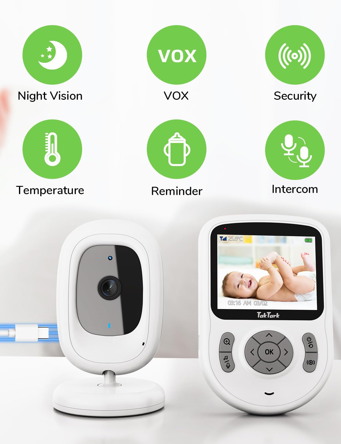 TakTark Camara Vigilancia Bebe, 2,8" 720P IPS vigilabebés con cámara 20 Horas Standby,Camara Vigilancia sin WiFi/App,VOX,conversación bidireccional,visión Nocturna,3xZoom,Vigilancia de la Temperatura