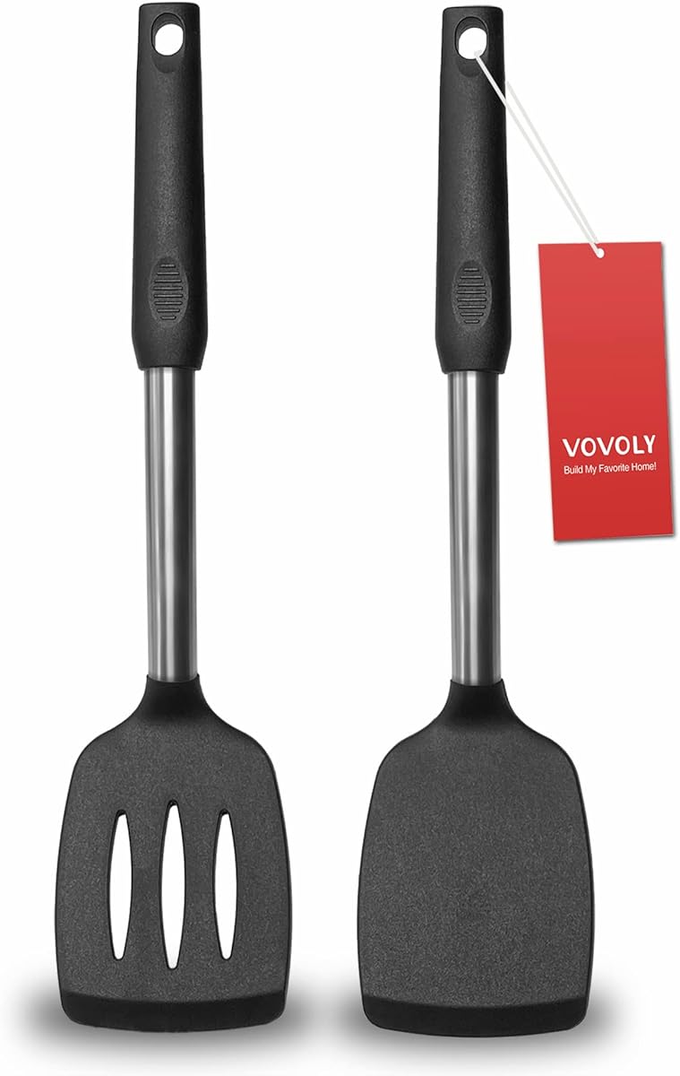 2 Pack Spatulas, Solid & Slotted Silicone Spatula Set, Stainless Steel Handle Coated with Silicone, Non Stick Turners, Heat Resistant BPA Free Rubber Spatulas for Fish, Eggs, Pancakes, Wok, (Black)