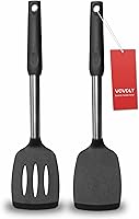 VOVOLY 2 Pack Silicone Spatulas - Solid & Slotted Turners, Heat Resistant Non-Stick Safe, Stainless Steel Handles for Eggs Fish Pancakes Wok Black