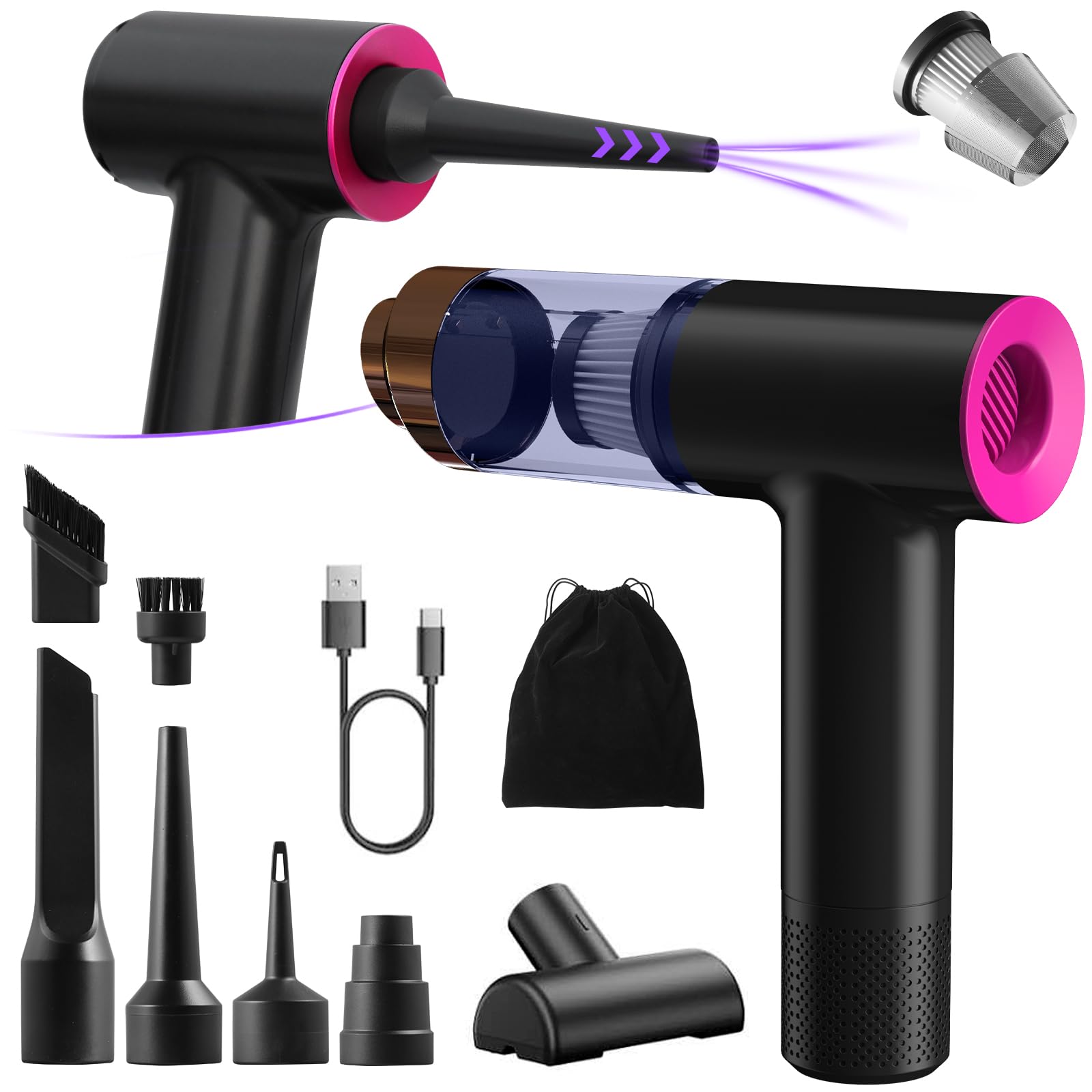 Aspiradora inalámbrica para coche, 9000 Pa, mini, portátil, portátil, soplador, coche, hogar, cocina y oficina, accesorios para coche, color negro