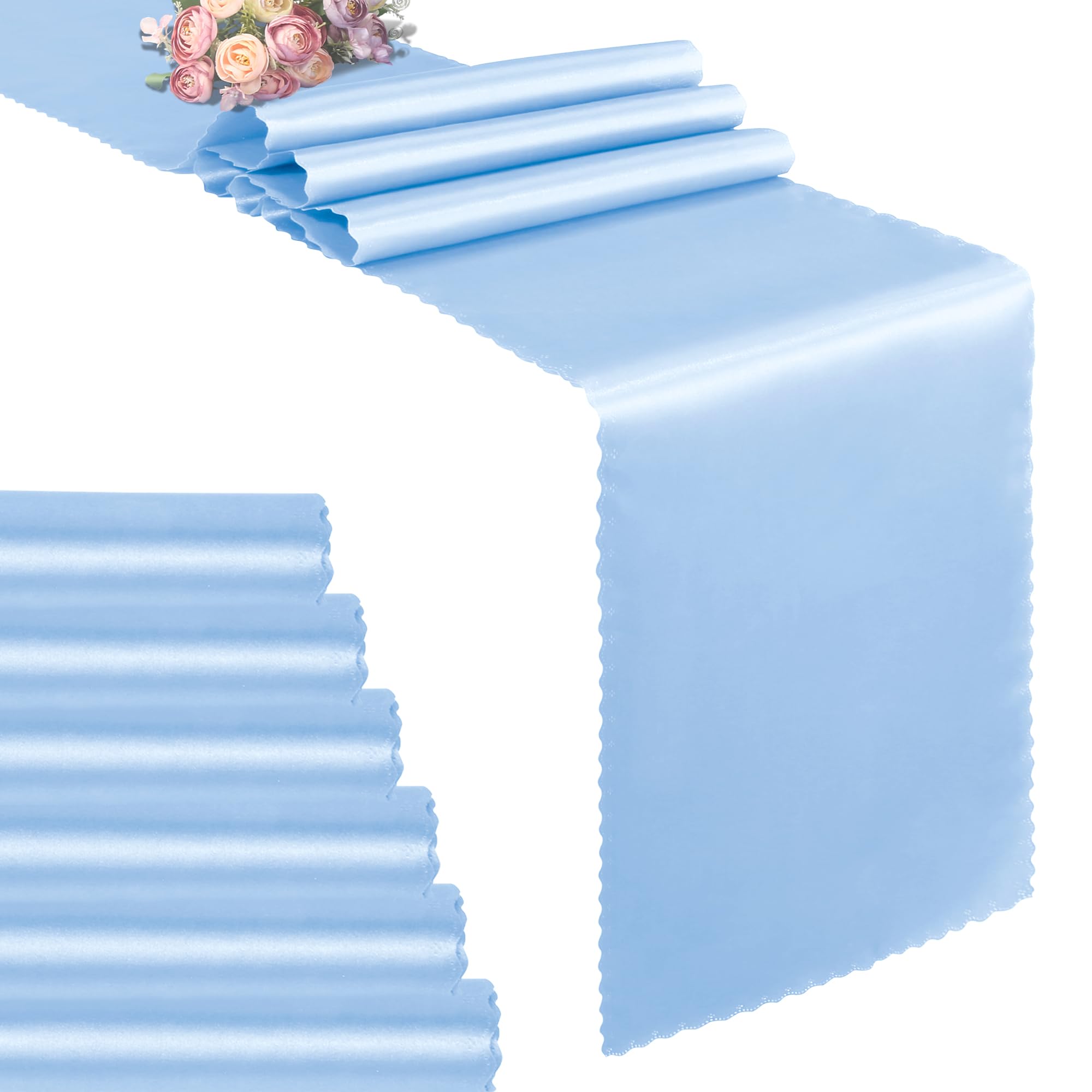 VACVELT Paquete de 6 caminos de mesa de satén de 12 x 72 pulgadas de largo, color azul claro, caminos de mesa de boda, caminos de mesa suaves y brillantes para fiestas de cumpleaños, banquetes,