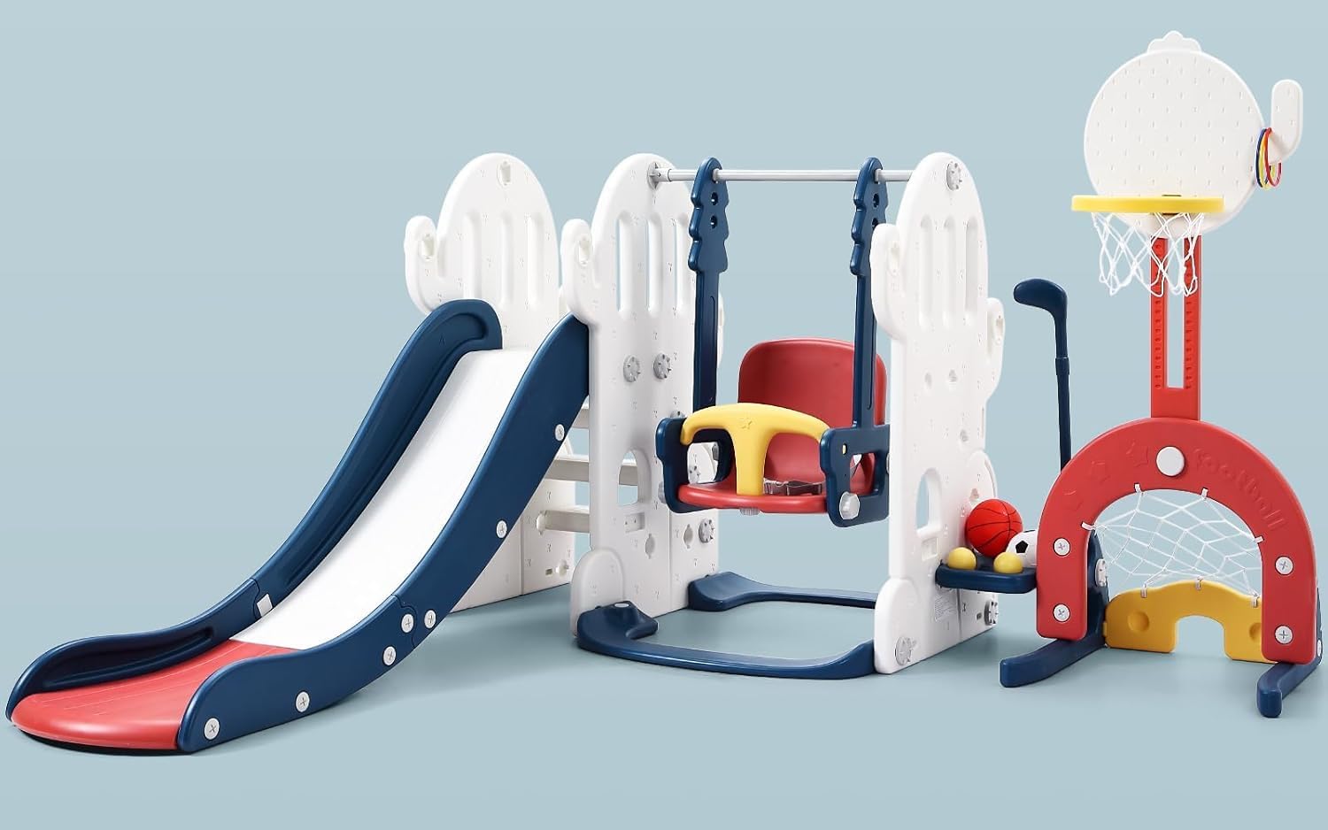 Toddler Slide and Swing Set, 7 in 1 Kids Slide for Toddlers Age 1-3, Indoor Outdoor Playset with Adjustable Swing, Basketball Hoop, Soccer Golf & Ring Toss Game, Blue
