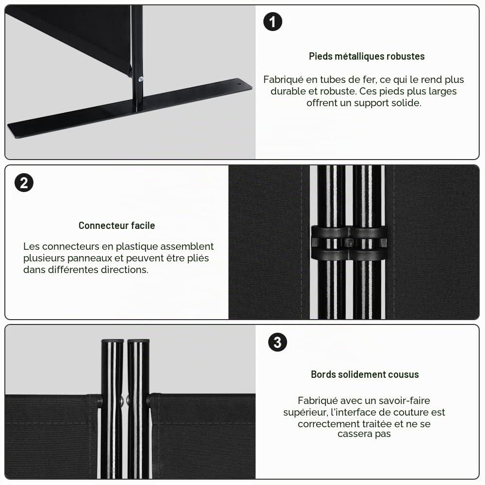 Kokorona Lot de 6 panneaux de séparation de pièce, 1,8 m de haut, pliable, pare-vue, portable, séparateur de pièce, noir, l 305 x H 183 cm