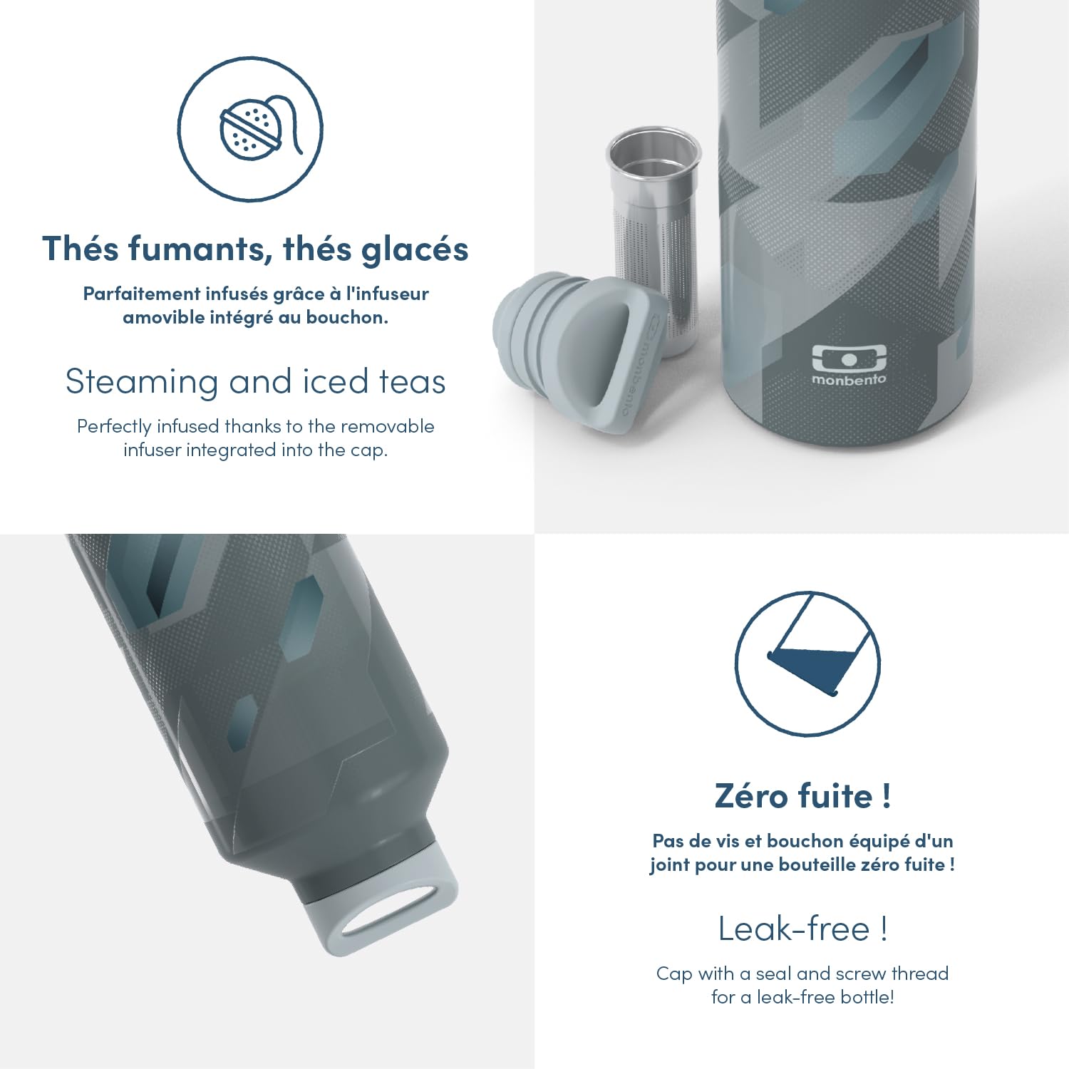 Gourde Isotherme MONBENTO Steel 500ml - Inox Avec Infuseur à Thé/Fruits - Garde Chaud/Froid 12h - Motif Léopard - Idéale Bureau, Sport, Pique-nique