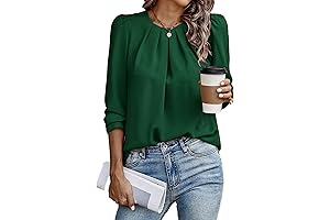 Women's Pleated Crew Neck Flowy Long Sleeve Chiffon Blouse