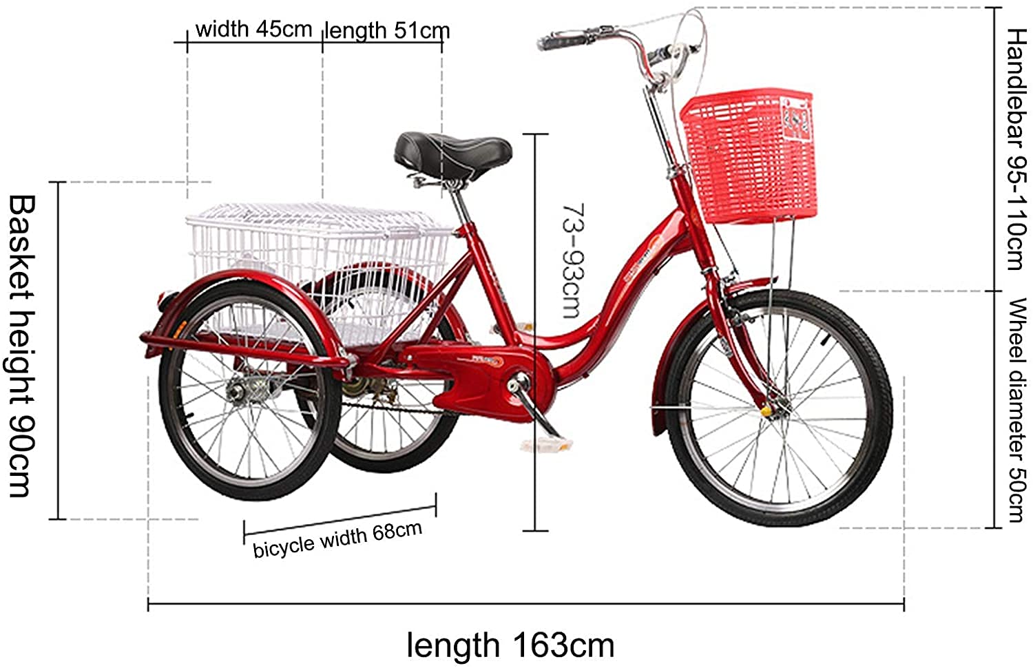 PAGOIAAR Adult Cargo Tricycles Beach Cruiser Bikes Shopping Adult Pedal Tricycle 20 Inch 3 Wheel Single Speed Elderly Fitness Transportation Leisure Shopping Basket Car for Seniors Men Women