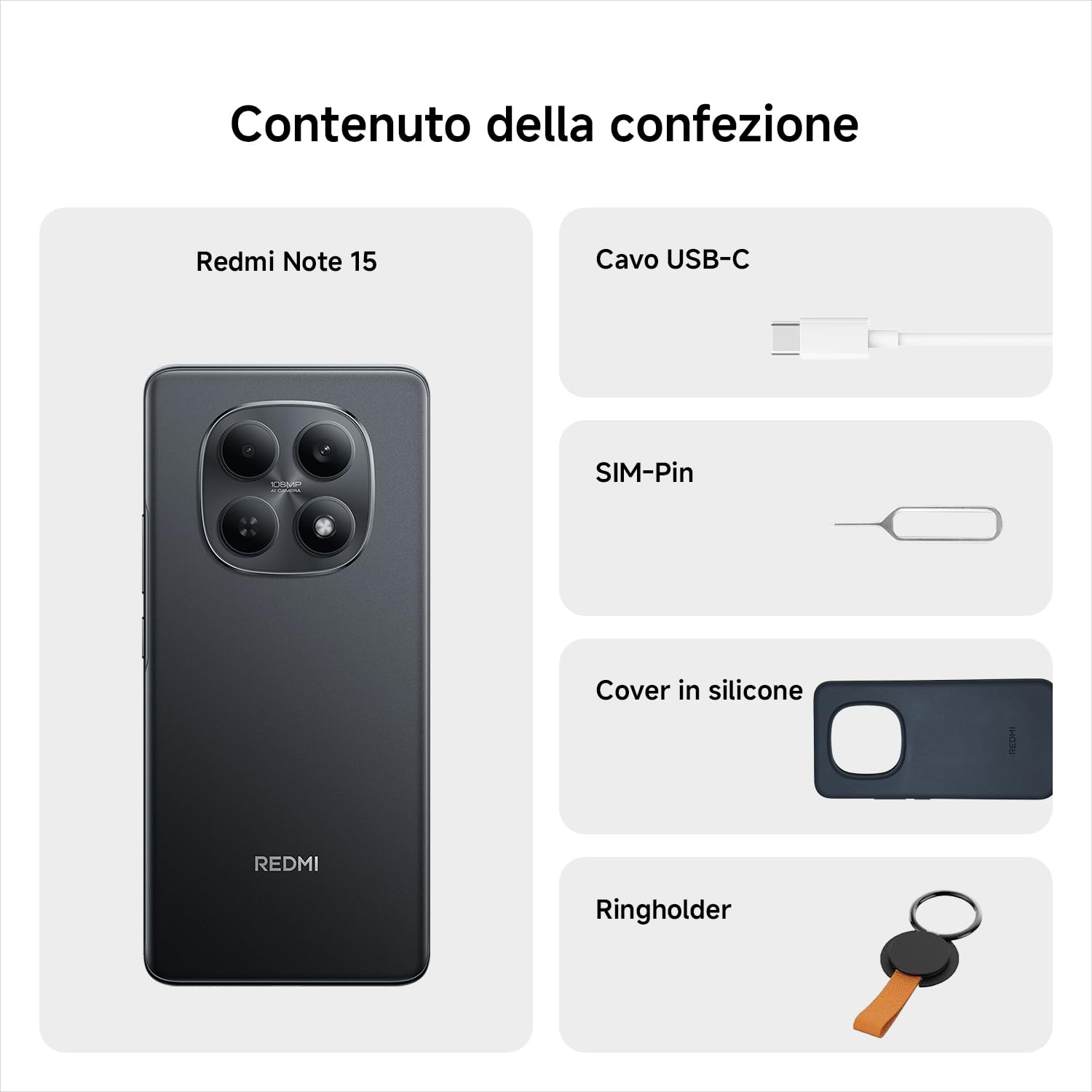 XIAOMI Redmi Note 15, Smartphone 6+128GB, Batteria da 6000 mAh, Resistenza all’acqua, Fotocamera super nitida da 108 MP, Display FHD+ da 6,77", Nero, Garanzia 2 anni, Caricatore non incluso