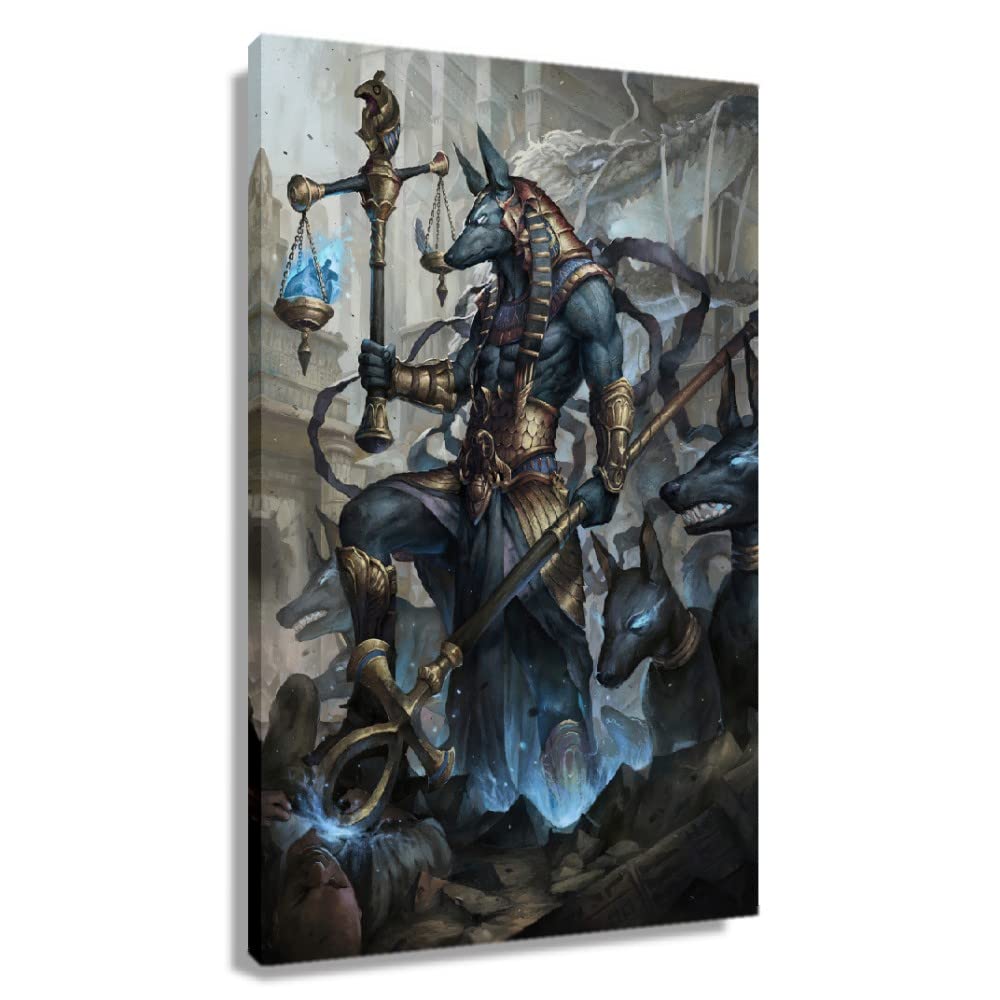 Autlry Anubis Wall Art Prints Egyptian Wall Art Framed Painting Canvas Artwork Mythology Poster Modern Abstract Pictures For Hallway Decoration Framed (16X24 Inch)