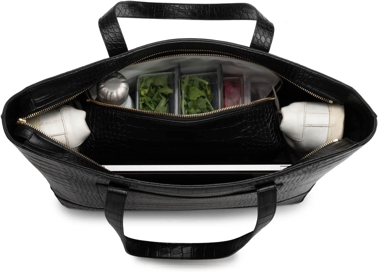 Black Faux Leather Tote with Insulated Pouch