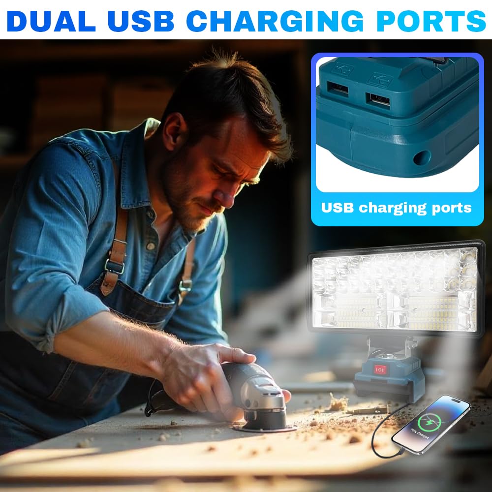 Lámpara LED Recargable para Batería Makita 21V, 80W 6000LM Foco LED Recargable, Luz de Trabajo Portátil Inalámbrica con 2 Puertos de Carga USB para Reparación de Coches, Camping, Obras
