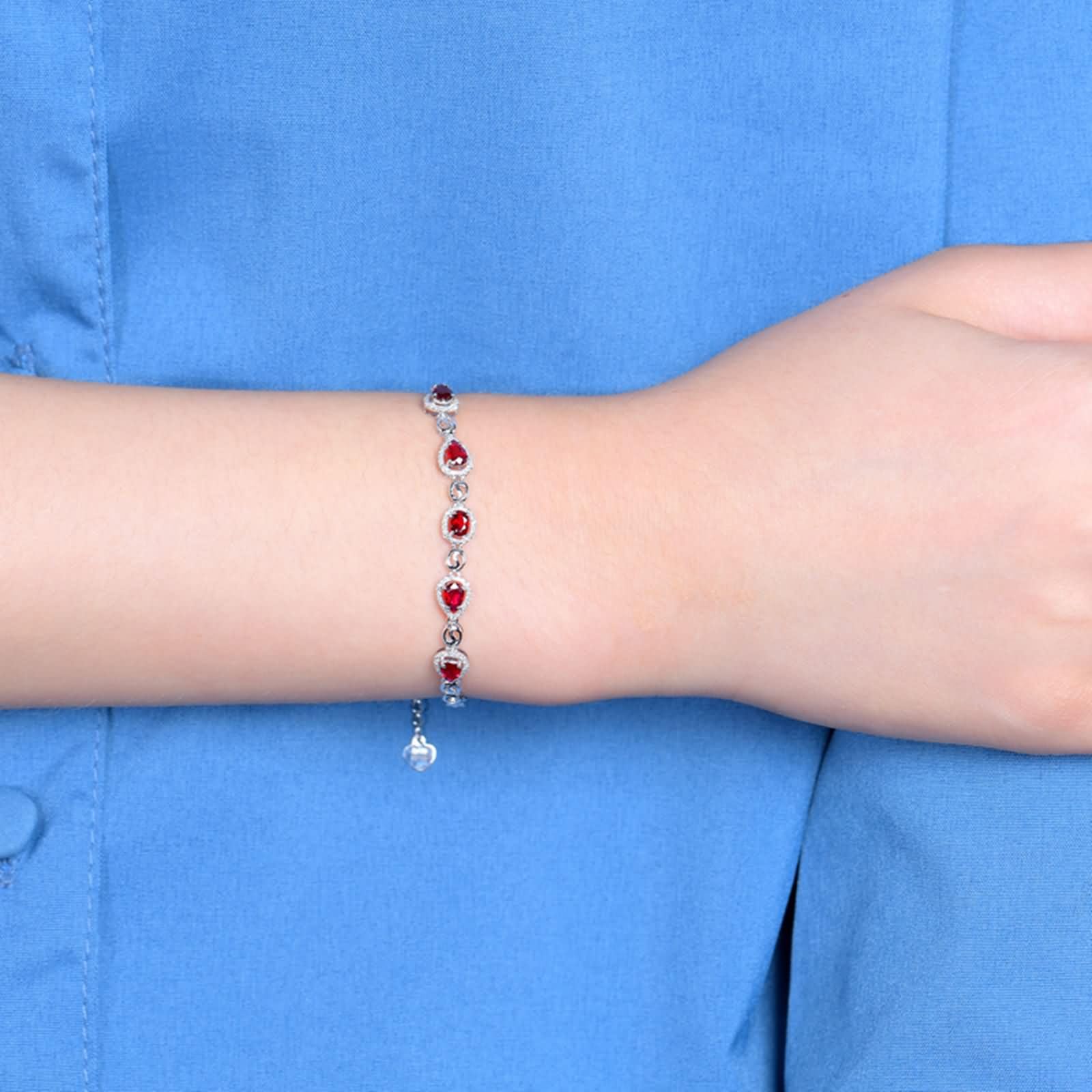 Pulsera Oro Blanco Mujer 9Kilates / 14Kilates / 18Kilates, Gota de Agua y Oval con Rubí Creado de 1,2 ct y Diamante, Cadena Extensible 16 CM + 5 CM, Pulsera Ajustable Mujer Cadena Plata Rojo