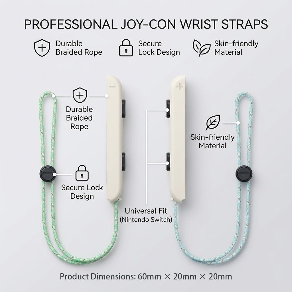 Lot de 2 Dragonnes Tressées Colorées pour Nintendo Switch Joy-Con, Lanières de Sécurité Stylées, Idéales pour Animal Crossing, Mario Kart (Mix Vert/Bleu)