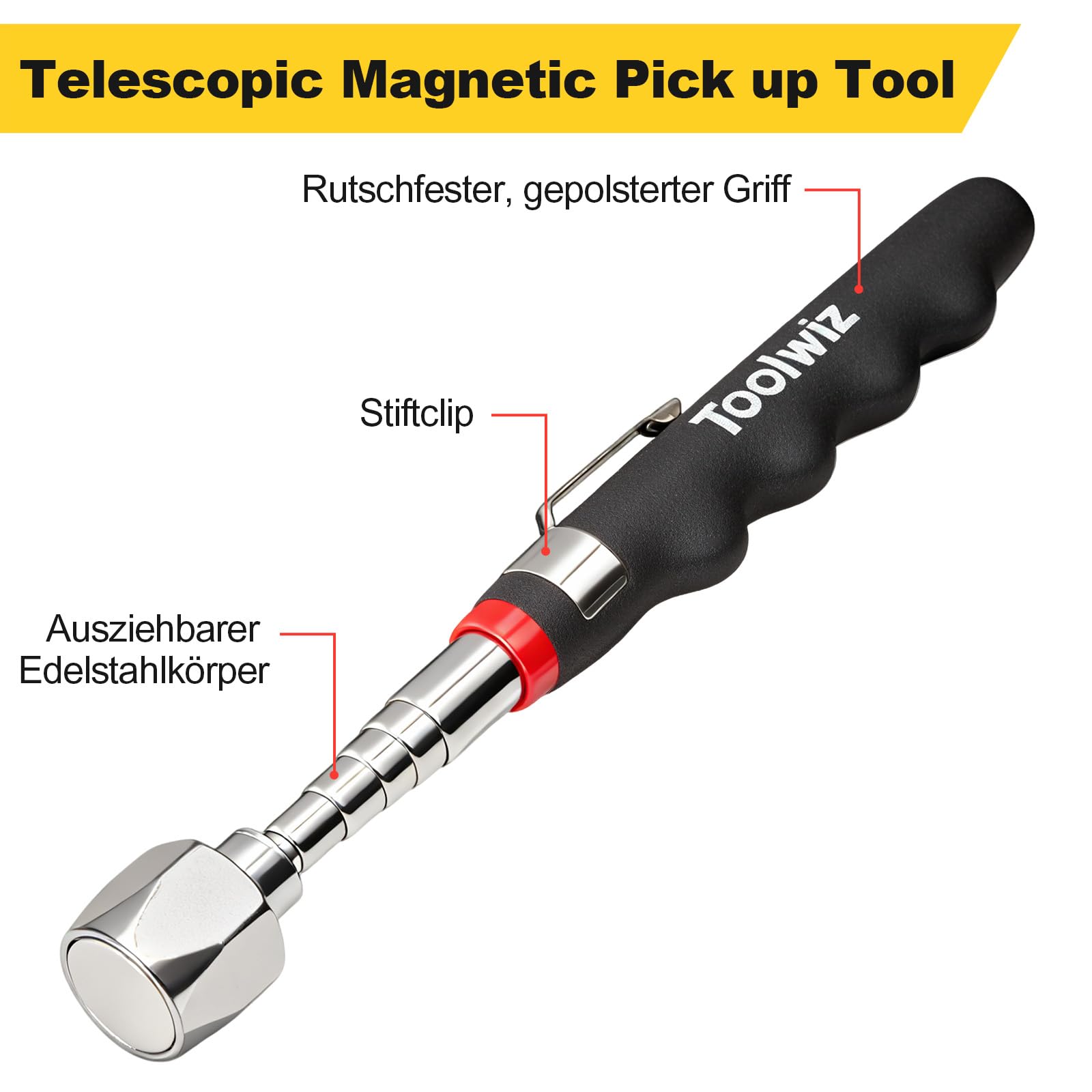Toolwiz Magnetyczne Narzędzie Podnoszące 7.2kg, wysuwany od 18 do 76 cm, teleskopowe narzędzie do odbioru magnetycznego, Idealna do Pobierania Metalowych Przedmiotów z Trudno Dostępnych Miejsc