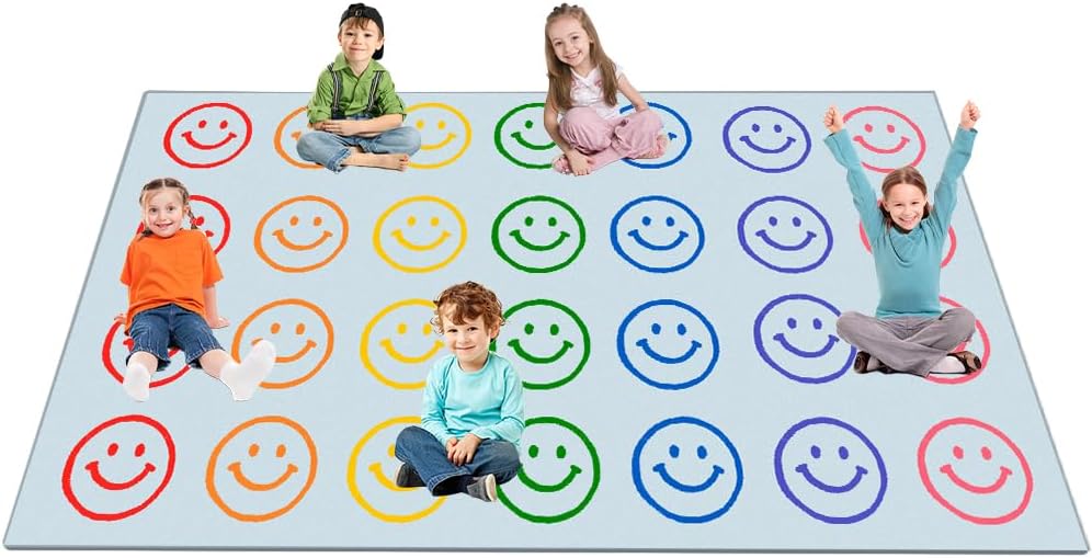 Large Classroom Rugs Elementary 7'7''x13' Smiley Face Rug for Preschool Kindergarten & Daycare,Nursery Rug for Kids Room Playroom,Preschool Rugs for Classroom - Seats 28 (Blue)