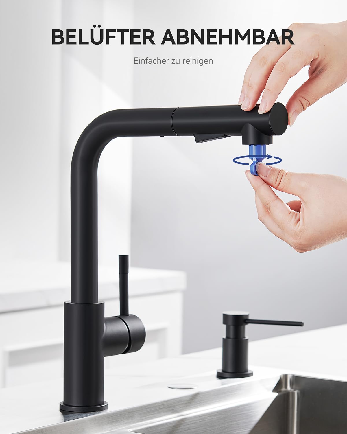 Wasserhahn Küche Schwarz, Hochdruck Küchenarmatur Ausziehbar | Mit Brause Zwei Wasserstrahlarten, 360° Drehung, Heißes und kaltes Wasser, Edelstahl, Einhebel-Spültischarmatur